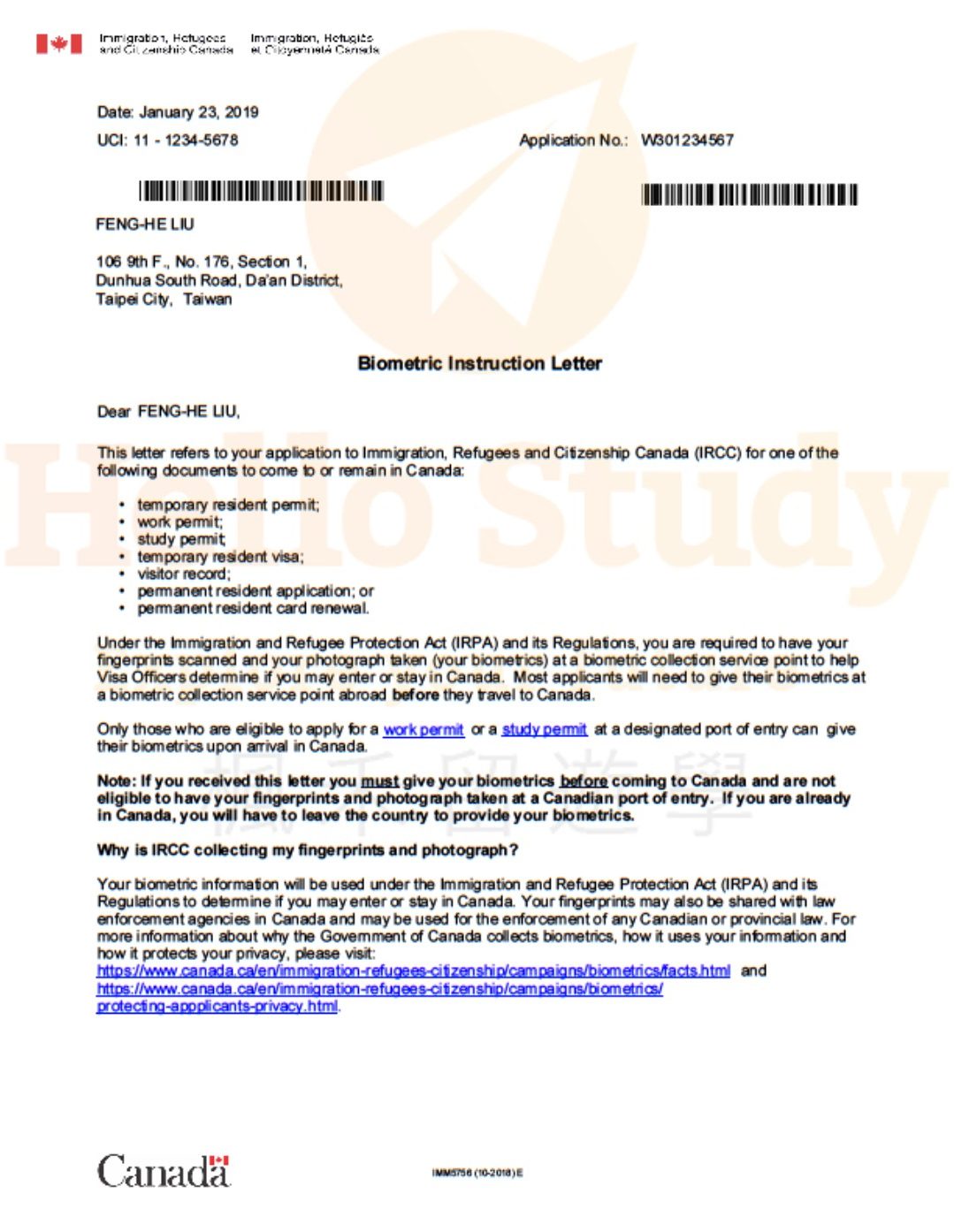 IMM 5756 Biometric Instruction Letter Page 1