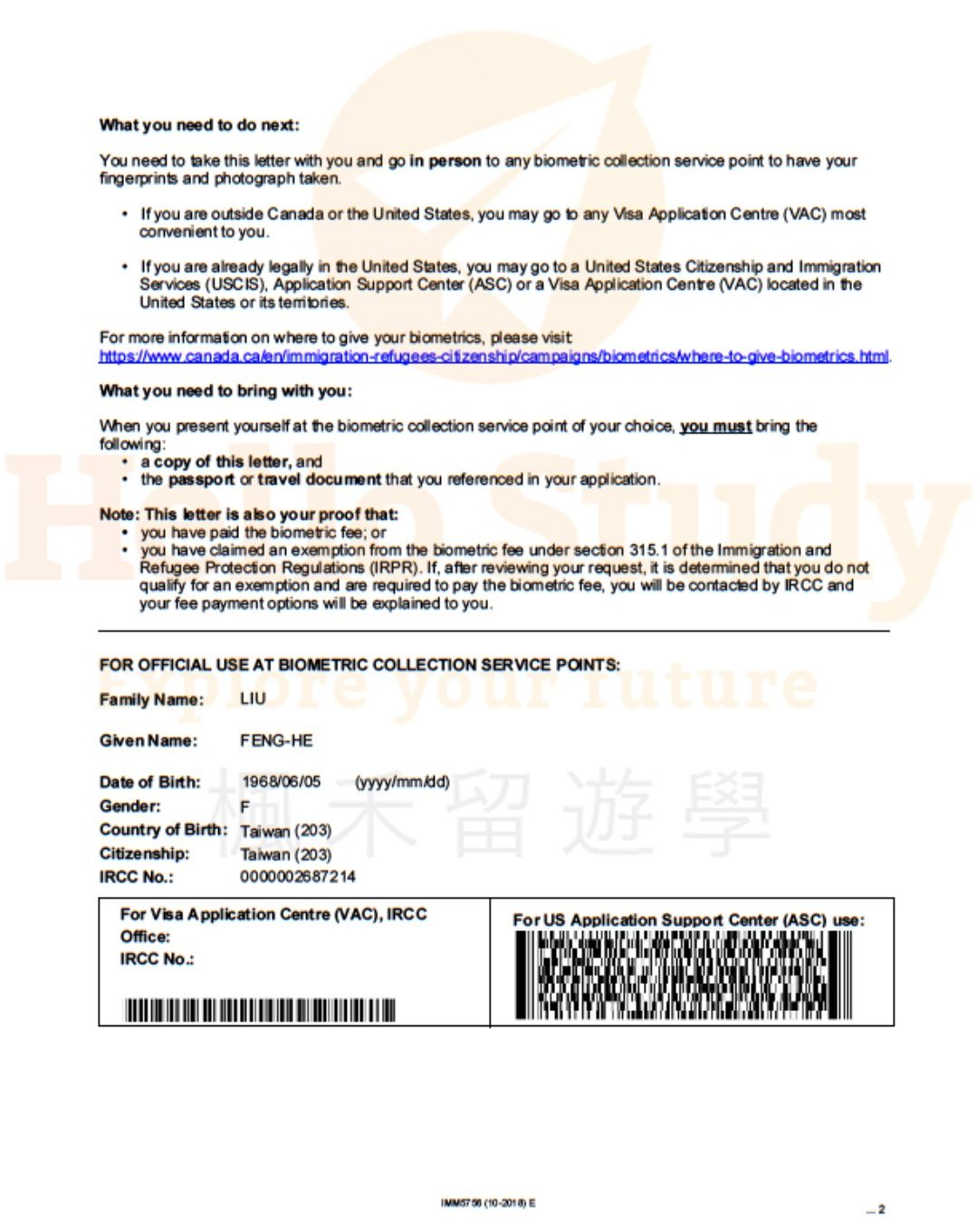 IMM 5756 Biometric Instruction Letter Page 2